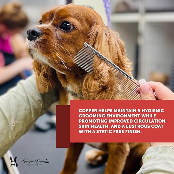 Warren London Copper Greyhound Style Everyday Dog Comb – 7.5" Professional Grooming Comb with Rounded Pins, Fine & Coarse Teeth, Smooth Glide Detangling & Coat Finishing Comb