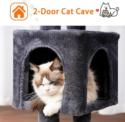 Heybly Cat Tree, 39.4 Inches Tower Condo with Scratching Post, Cat Tower for Indoor Cats, Fully Wrapped Sisal Pole, Soft Platform, 2 Baskets and Dangling Toy, Smoky Gray HCT006SG