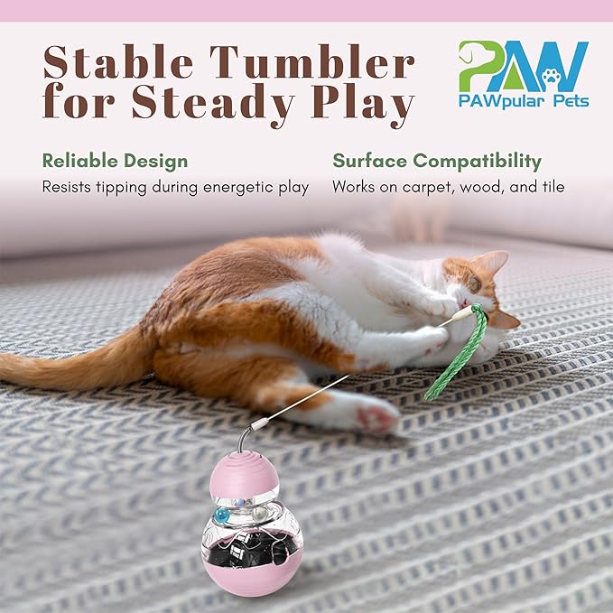 Interactive Cat Toy for Bored Indoor Cats, Tumbler Design with Teaser Wand, Cat Food Dispenser & Treat Puzzle Toy, Kitten Enrichment Toys for Mental Stimulation & Slower Eating (Pink)