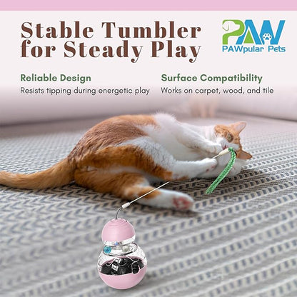 Interactive Cat Toy for Bored Indoor Cats, Tumbler Design with Teaser Wand, Cat Food Dispenser & Treat Puzzle Toy, Kitten Enrichment Toys for Mental Stimulation & Slower Eating (Pink)