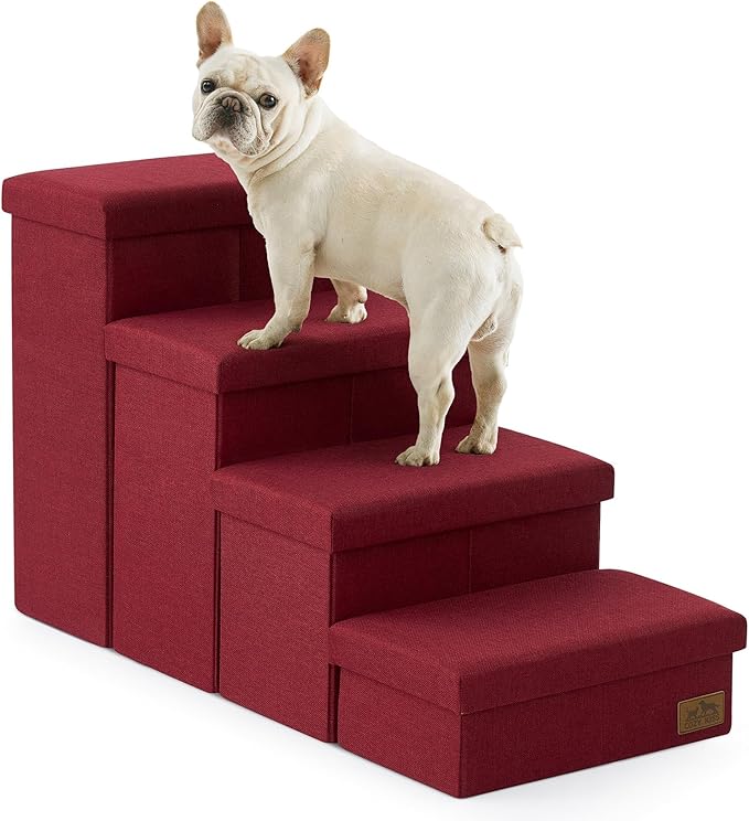 Dog Stairs with Storage, 4-Step Wider Sturdy Dog Steps for Small/Medium/Large Dogs and Older Cats, Folding Doggie Ramp for Bed/Couch/Car Hold Up to 180 lbs (22" H, Burgundy)