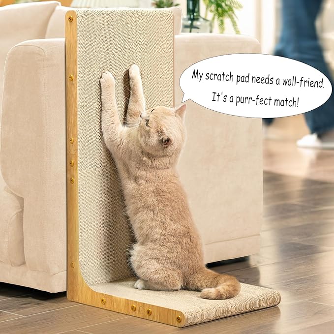 Cardboard Cat Scratcher, 26" L-Shaped Scratch Pad, Vertical Wall-Leaning Scratching Board to Protect Furniture for Indoor Cats,Wood Grain Jumbo