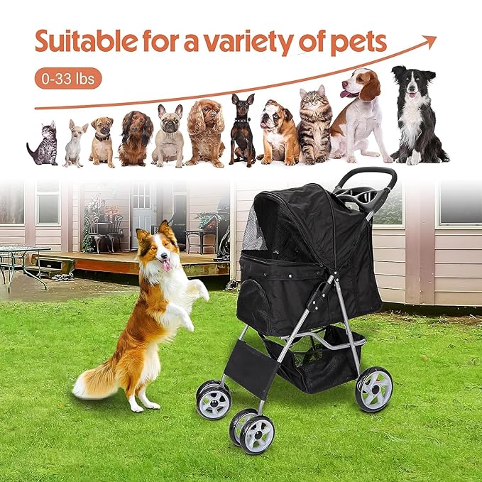 ZENY Foldable Pet Stroller, Cat/Dog Stroller with 4 Wheel, Pet Travel Carrier Strolling Cart with Storage Basket, Cup Holder (Black)