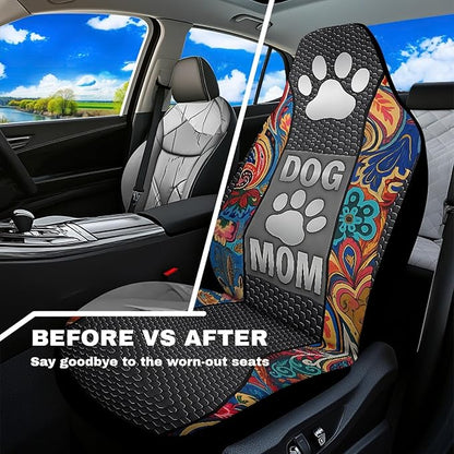 Dog Mom Paw Car Seat Covers Front Seats Boho Flower Waterproof Front Seat Covers Auto Interior Decor Bucket Seat Covers Suitable for Cars, SUV and Trucks