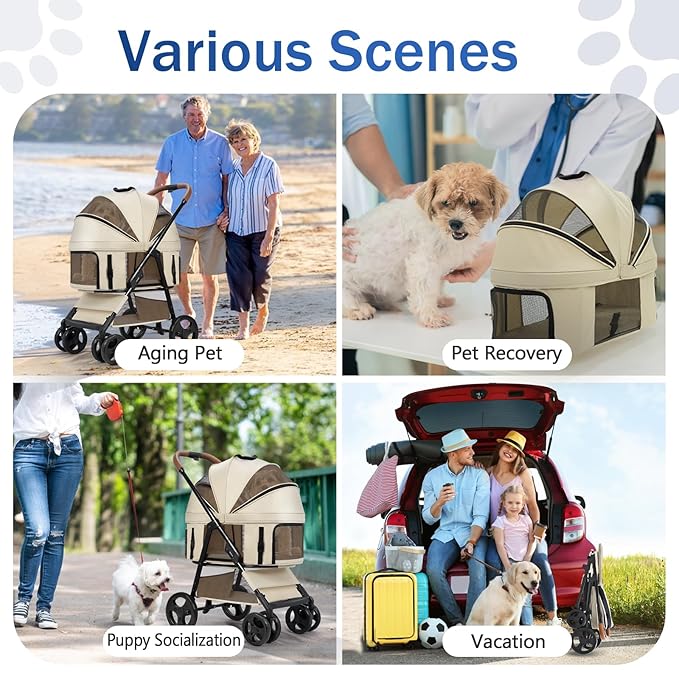4 Wheels Pet Stroller for Small/Medium Dogs and Cats,Dog Stroller with Detachable Carrier and Storage Basket,One Click Folding, Compact Portable,Up to 50lbs,3 in1 Multifunctional(Grey)
