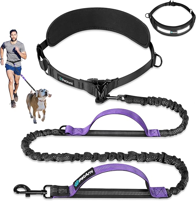 PetAmi Heavy Duty Hands Free Dog Leash, Adjustable Waist Belt for Large Dog Walking Up to 125 lbs, Bungee Leash for Pet Running, Hiking, Reflective Safety for Jogging, Biking, Purple Handle