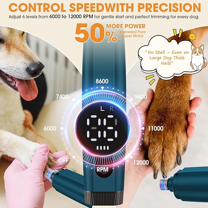 Dog Nail Grinder with LED Light, 6-Speed Quiet Electric Pet Nail Trimmers, Forward/Reverse, Powerful No-Stall Motor, 2000mAh Battery 8H Runtime, 95% Dust Capture for Dogs & Cats