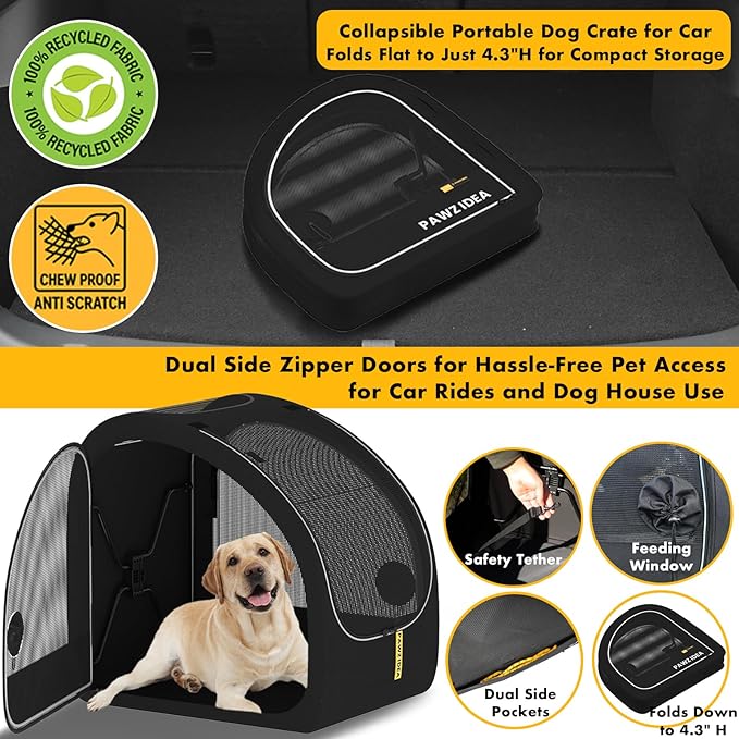 PAWZIDEA Portable Dog Crate for Car Travel, Collapsible Pet Travel Crates for Medium & Large Dogs, Enclosed Soft-Sided Car Kennel Carrier for Backseat, Secures w/Seatbelt & Headrest Strap, Chew-Proof