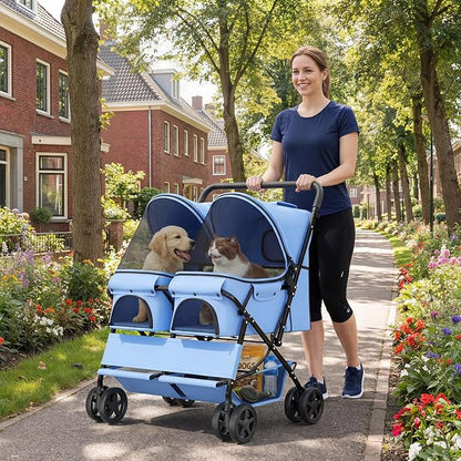 Magshion Side by Side Double Dog Stroller for 2 Small Dogs, Foldable Twin Pet Stroller with Breathable Mesh, Storage Basket, Swivel Wheels for Outdoor Walks & Daily Use, Blue