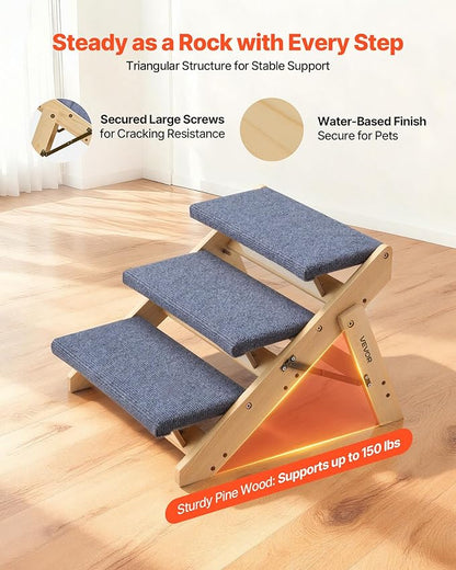 VEVOR Wood Pet Stairs, 3-Step Dog Stairs for Beds, Sofa & Cars, 150lbs Load Capacity, Floded Flat Design, Stable & Sturdy Cat & Dog Step Ladder for Small Medium Large Older Pet Puppy Essentials