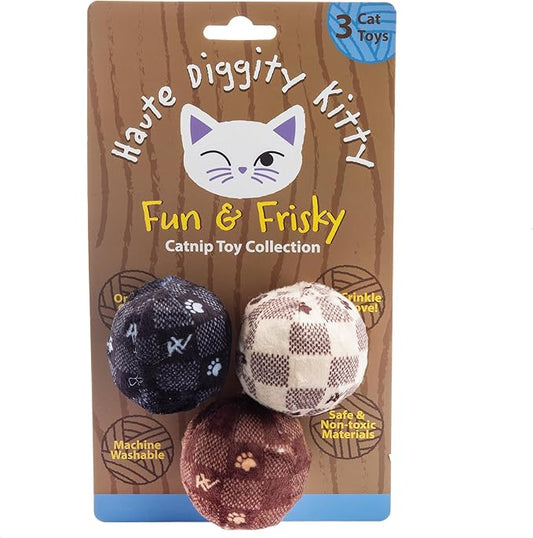Vuiton Checker Balls Set, Plush Cat Toys Catnip Filled with Interactive Crackle Sound, Safe & Durable Toys for Cat & Kitten, 3 Pcs