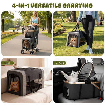 Double Pet Stroller for Dogs and Cats, One-Step Folding Dog Stroller Travel Carriage for Small Medium Dogs Cats, 2 Detachable Carrier Bags, 4 Lockable Wheels (Black)
