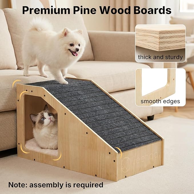Veehoo Small Dog Ramp for Bed Couch, Wooden Ramps for Dogs to Get on Bed Couch with Cat Cave Condo Non Slip Surface and Bottom Pad, 16" Wide Doggy Stairs Puppy Steps Small Pet Ramp Ladder for Indoor