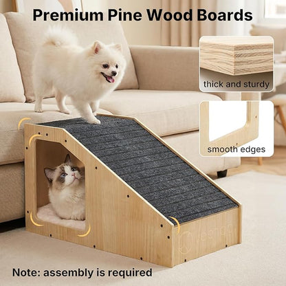 Veehoo Small Dog Ramp for Bed Couch, Wooden Ramps for Dogs to Get on Bed Couch with Cat Cave Condo Non Slip Surface and Bottom Pad, 16" Wide Doggy Stairs Puppy Steps Small Pet Ramp Ladder for Indoor