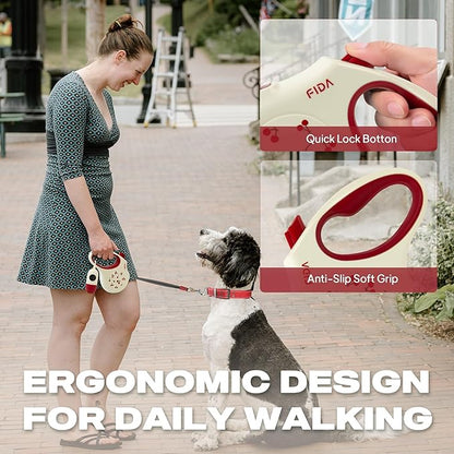 Fida Retractable Dog Leash with Dispenser and Poop Bags, 16 ft Pet Walking Leash for Small Dog or Cat up to 26 lbs, Anti-Slip Soft Handle, Tangle Free, Reflective Nylon Tape (S, Cherry)