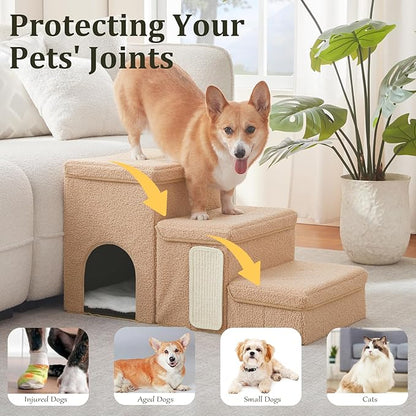 Dog Stairs with Storage and Condo,Cat Scratcher, 3-Step Sturdy Dog Steps for Small Medium or Large Older Dogs Cats, Folding Pet Stairs Climbing Sofas, high beds, Windows and Cars (Beige,16.7'' H)