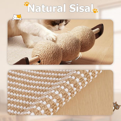 Extra-Larger Sisal Cat Scratcher Bed with Ball, 3-in-1 Cat Scratching Pad with Hammock, Natural Sisal with Solid Wood Frame Cat Scratch Post for Indoor Cats Lounger & Sleep & Scratch (Walnut)