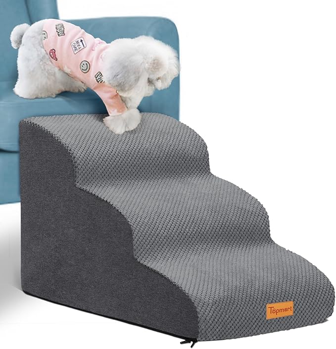Topmart 3 Tiers Foam Dog Ramps/Steps,Non-Slip Dog Steps,Extra Wide Deep Dog Stairs,High Density Foam Pet Stairs/Ladder,Best for Older Dogs,Cats,Small Pets, Grey