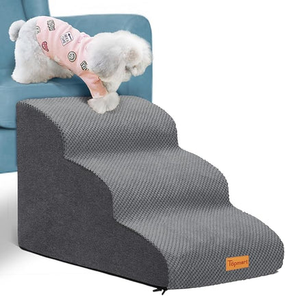 Topmart 3 Tiers Foam Dog Ramps/Steps,Non-Slip Dog Steps,Extra Wide Deep Dog Stairs,High Density Foam Pet Stairs/Ladder,Best for Older Dogs,Cats,Small Pets, Grey