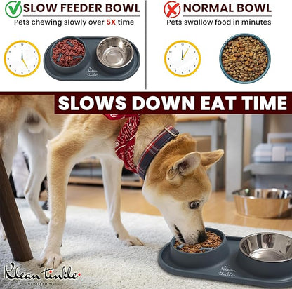 Pets Dog Bowl Set - Anti Skid Removable Double Slow Feeder Dog Bowls with Non Skid Silicone Mat - Stainless Steel Dog Water Bowl for Cats & Pets – A Beautiful Slate Gray Color