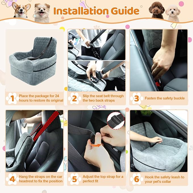Dog Car Seat for Small/Medium Dogs - Puppy Car Seat Under 35 lbs with Thick Elevated Cushion & Safety Belt for Travel - Detachable & Washable Dog Booster Seat with 2 Sides Storage Pockets(Gray)