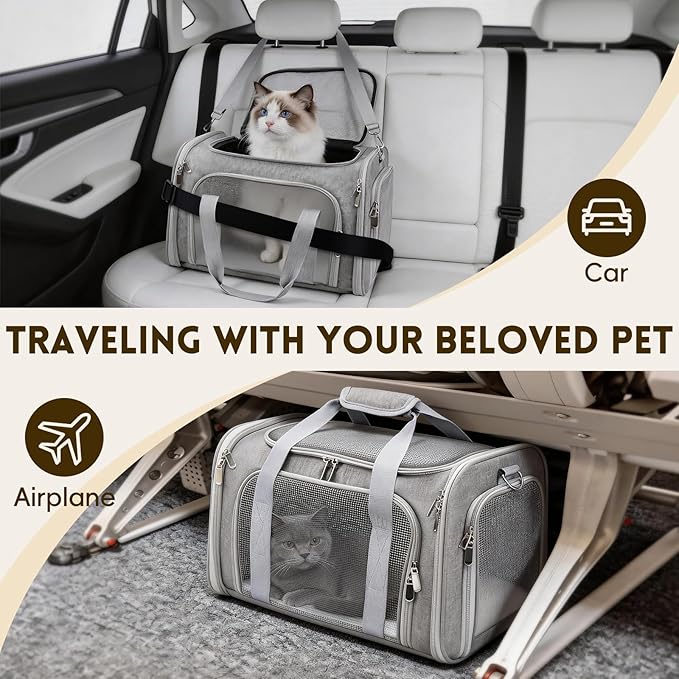 Cat Carrier Soft, Dog Carriers for Small Dogs/Large Cats (Up to 16lbs), with High Breathability, Shoulder Strap, Removable Pad, Pet Carrier Airline Approved, for Home Outdoor Travel (Gray)