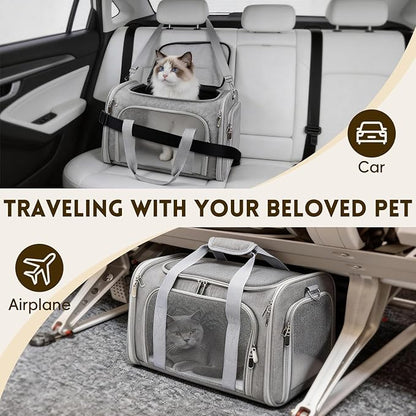 Cat Carrier Soft, Dog Carriers for Small Dogs/Large Cats (Up to 16lbs), with High Breathability, Shoulder Strap, Removable Pad, Pet Carrier Airline Approved, for Home Outdoor Travel (Gray)