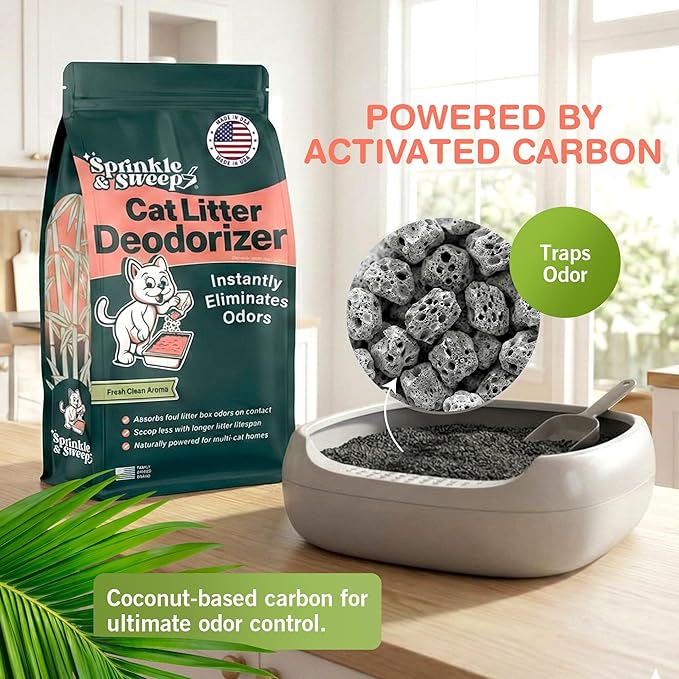 Sprinkle & Sweep: Litter Box Deodorizer Duo - 8oz Bag & Speed Sifter - Cat-Kitten Home Odor Neutralizer, Ultra-Absorbent Formula, Wood Handle Scooper