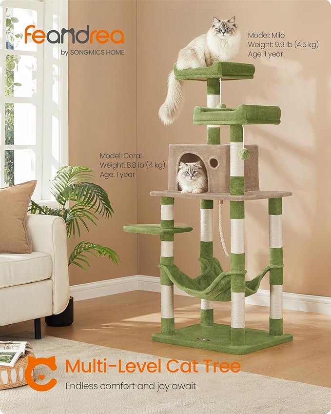 Feandrea Cat Tree, 56.3-Inch Cat Tower, Multi-Level Plush Condo with 11 Scratching Posts, 2 Perches, Hammock, Cave, Grass Green and Camel Brown UPCT015CB02