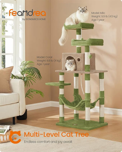 Feandrea Cat Tree, 56.3-Inch Cat Tower, Multi-Level Plush Condo with 11 Scratching Posts, 2 Perches, Hammock, Cave, Grass Green and Camel Brown UPCT015CB02