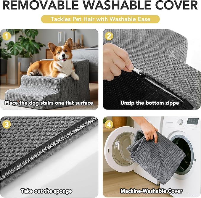 Deconovo Pet Stairs for Small & Elderly Dogs Cats 3-Step Dog Ramp Non-Slip Surface, Soft Washable Cover, Portable for Couch & Bed Use –Ideal for Senior Pets, Compact Storage Friendly, 15.7" H Ash Gray
