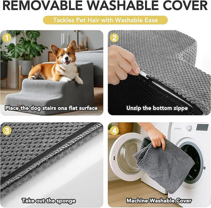Deconovo Pet Stairs for Small & Elderly Dogs Cats 3-Step Dog Ramp Non-Slip Surface, Soft Washable Cover, Portable for Couch & Bed Use –Ideal for Senior Pets, Compact Storage Friendly, 15.7" H Ash Gray