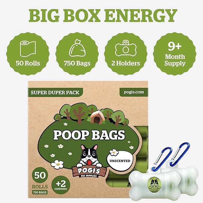 Pogi’s Dog Poop Bags – Leak-Proof & Extra Thick Pet Waste Bags with 2 Holders (Unscented, 50 Rolls, 750-Count)