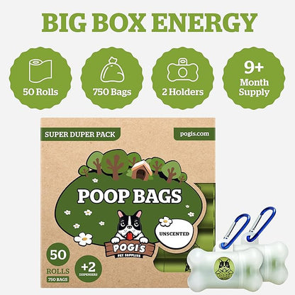 Pogi’s Dog Poop Bags – Leak-Proof & Extra Thick Pet Waste Bags with 2 Holders (Unscented, 50 Rolls, 750-Count)
