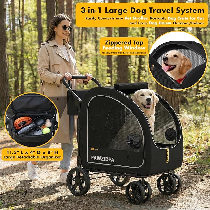 PAWZIDEA 3-in-1 Dog Stroller for Large Dogs with Detachable Carrier up to 100lb, 45% Extra Tall Dog Car Crate Sit Upright, Foldable Pet Stroller for 2 Medium Dogs All-Terrain Jogger, Adjustable Handle