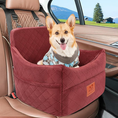 GL GLENSLAVE Dog Car Seat for Small/Medium Dogs, Dog Booster Car Seats with Thick Cushion for Dogs Under 35lbs, Detachable Washable Pet Carseat with Storage Pockets, 2 Safety Belts(Red)