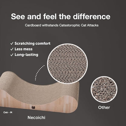 Necoichi Cardboard Cat Scratcher Bed for Indoor Cats - Cat Scratching Board, Horizontal Cat Scratch Pad Lounger with Reversible Usability and Extra Comfort for Lounge, Curved (18" Regular, Oak)