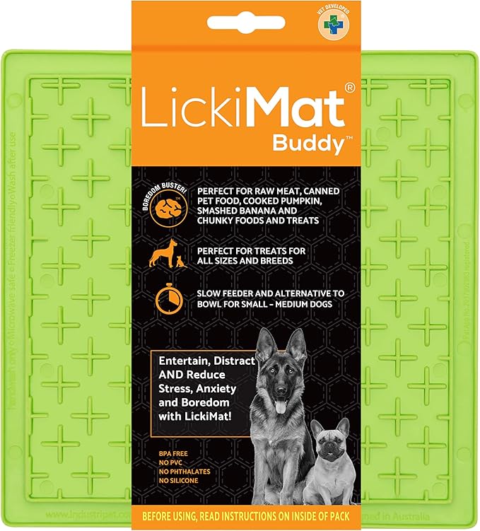 LickiMat Classic Buddy Slow Feeder for Dogs Lick Mat Boredom Anxiety Reducer Perfect for Food Treats Yogurt Liquid Food Peanut Butter Fun Alternative to a Slow Feed Dog Bowl, Green