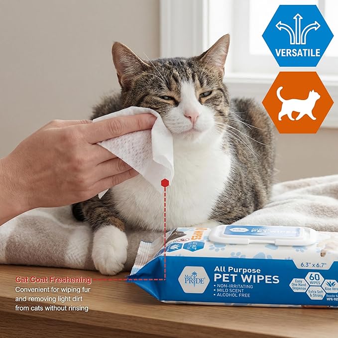 MED PRIDE Hypoallergenic Animal Wipes for Cats Bathing and Cleaning Fur, Extra Soft, Alcohol and Paraben Free, Aloe Vera Enriched (Pack of 60)