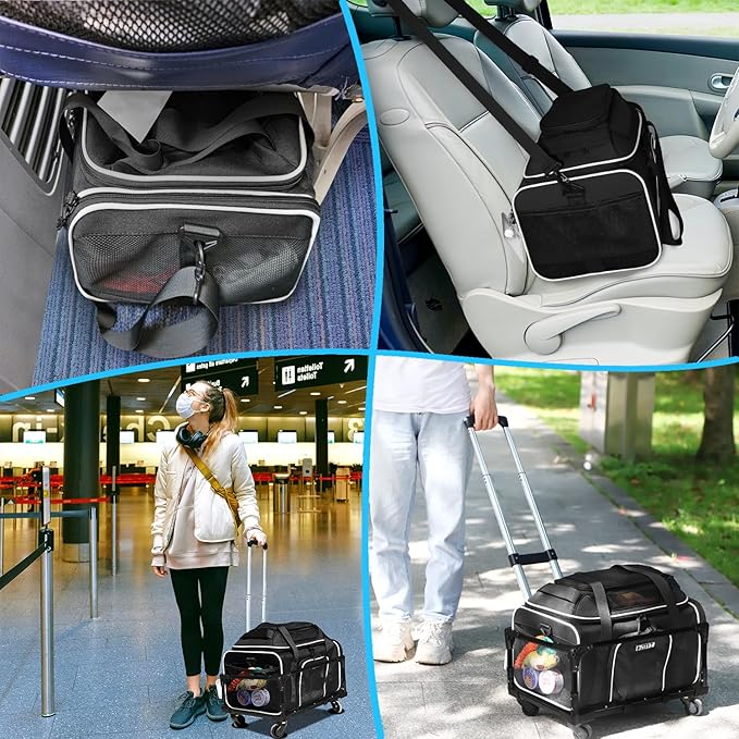 Petskd Top-Expandable Small Pet Carrier with Wheels (17" L x 12" W x 8.5" H), JetBlue/Allegiant/Spirit Airlines Approved, Rolling Pet Carrier for Small Dogs & Cats (Black)