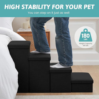 Dog Stairs with Storage, 4-Step Wider Sturdy Dog Steps for Small/Medium/Large Dogs and Older Cats, Folding Doggie Ramp for Bed/Couch/Car Hold Up to 180 lbs (22" H, Black)