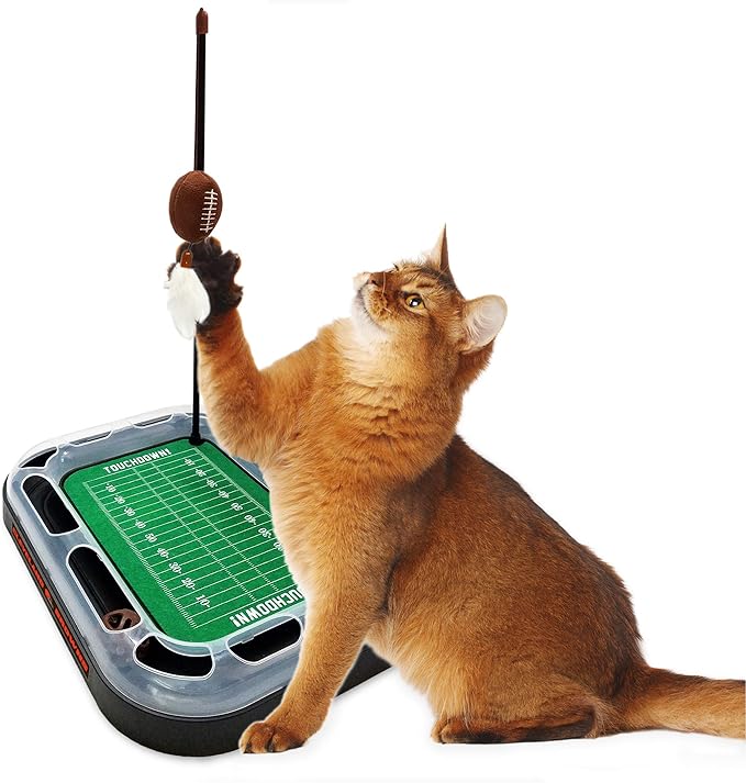Pets First Cat Toy NFL CLEVELAND BROWNS FOOTBALL FIELD CAT SCRATCHER TOY with CATNIP Filled Plush FOOTBALL Toy & Feather Cat Toy hanging, with Jingle Bell INTERACTIVE BALL Cat Chasing 5-in-1 KITTY Toy