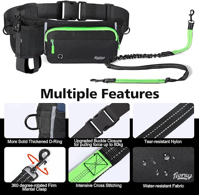 Hands Free Dog Leash, Adjustable Waist Leash for Walking with Dual Bungees Padded Handle, Shock Absorbing Hands Free Belt for Small Medium-Sized Dogs Outdoor Activities, Black + Green