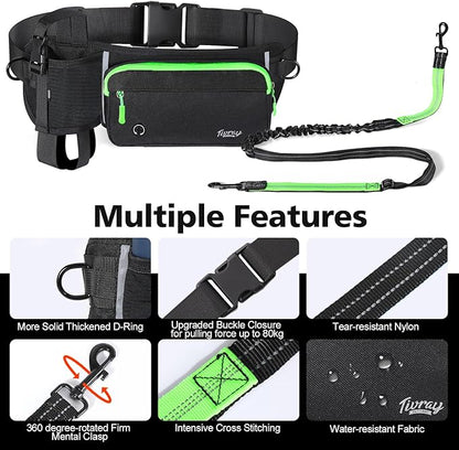 Hands Free Dog Leash, Adjustable Waist Leash for Walking with Dual Bungees Padded Handle, Shock Absorbing Hands Free Belt for Small Medium-Sized Dogs Outdoor Activities, Black + Green