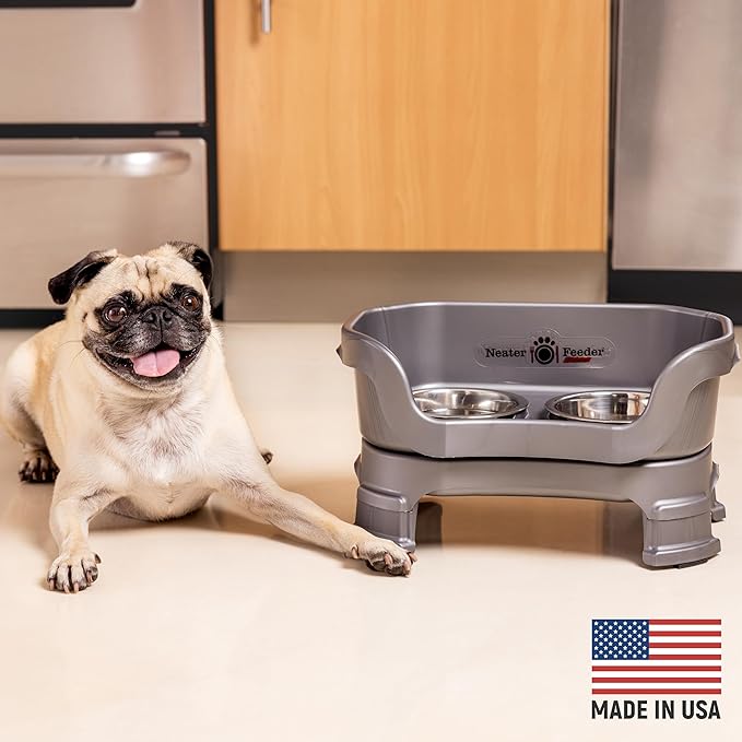 Neater Feeder Deluxe Mess-Proof Elevated Dog Bowls for Small Dogs (Up to 19 lbs), 2 Height Adjustable (6” & 7.5”) No-Spill Raised Dog Bowl Stand, Stainless Steel Food Bowl Set, Made in USA, Grey