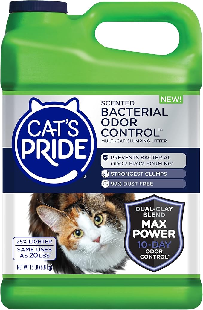 Cat's Pride Max Power: Bacterial Odor Control - Up to 10 Days of Powerful Odor Control - Strong Clumping - 99% Dust Free - Multi-Cat Litter, Scented, 15 Pounds (Pack of 2)