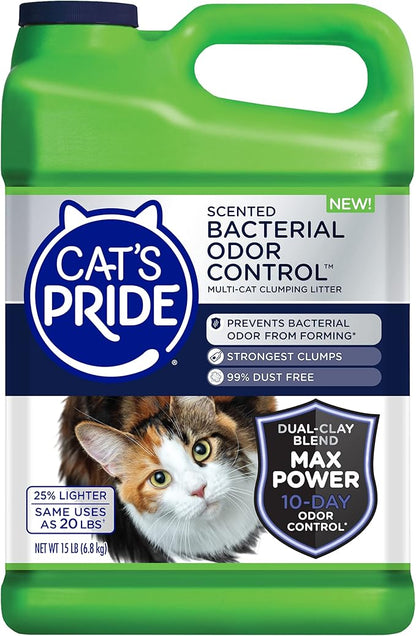 Cat's Pride Max Power: Bacterial Odor Control - Up to 10 Days of Powerful Odor Control - Strong Clumping - 99% Dust Free - Multi-Cat Litter, Scented, 15 Pounds (Pack of 2)