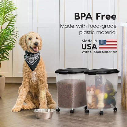 IRIS USA Dog Food Storage Container, 2 Pack, Up to 30 lbs Each, Airtight Seal for Freshness, Wheels for Rolling, Easy One Hand Opening, Made in USA, BPA Free, Clear/Black