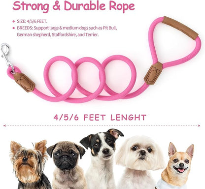 Mile High Life Leather Dog Leash, Heavy Duty Strong Genuine Leather Handle Rope Leash Soft and Comfortable for Small Medium Large Dogs (Hot Pink, 72 Inch)