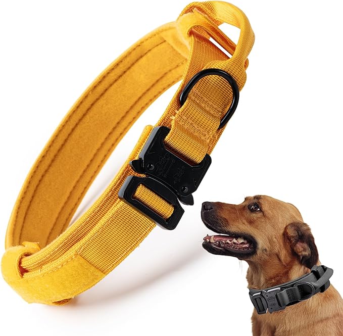 Tactical Dog Collar, Adjustable Military Training Nylon Dog Collar with Control Handle and Heavy Quick-Release Metal Buckle for Small Medium Large Dogs, Yellow XL